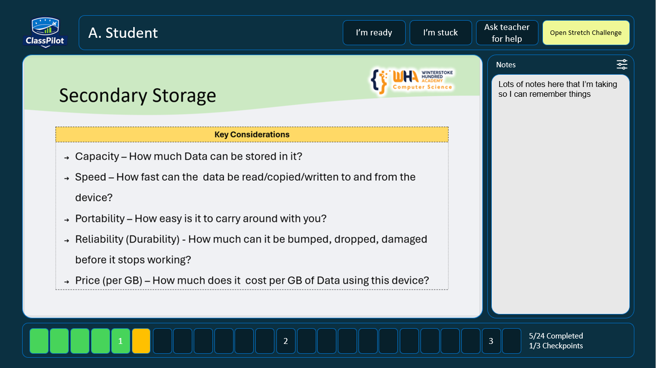 ClassPilot learner presentation view showing a large lesson slide, top learner actions, notes panel on the right, and progress timeline along the bottom.