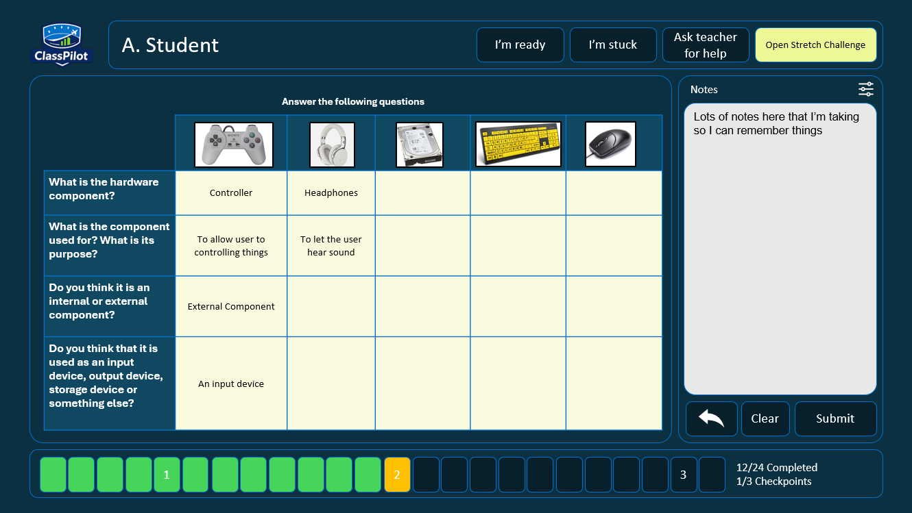 ClassPilot learner interactive view showing a structured table activity, notes panel on the right, task controls, and lesson progress at the bottom.